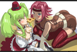 Rule 34 | 2girls, all fours, blue eyes, blush, breasts, c.c., choker, cleavage, code geass, dress, female focus, food, green hair, hat, headband, kouzuki kallen, long hair, looking up, mouth hold, multiple girls, pizza, red hair, sexually suggestive, sitting, tashiromotoi, thighhighs, twintails, yellow eyes