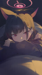 Rule 34 | absurdres, animal ears, black hair, black hoodie, blue archive, cat ears, covered mouth, hair ornament, hairpin, halo, highres, hood, hoodie, kazusa (blue archive), kji (rozo), long sleeves, looking at viewer, lying, on bed, on stomach, pink eyes, pink halo, short hair, simple background, sunset, under covers