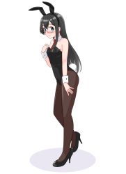Rule 34 | 1girl, animal ears, black footwear, black hair, black leotard, blush, breasts, brown pantyhose, detached collar, fake animal ears, full body, geometrie, glasses, green eyes, high heels, highres, kantai collection, leotard, long hair, looking at viewer, necktie, nose blush, ooyodo (kancolle), pantyhose, playboy bunny, rabbit ears, rabbit tail, red necktie, simple background, small breasts, solo, standing, strapless, strapless leotard, tail, white background, wrist cuffs