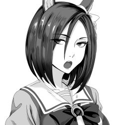 Rule 34 | 1girl, absurdres, air groove (umamusume), akegata tobari, animal ears, blouse, bow, bowtie, breasts, collarbone, cropped torso, greyscale, hair ornament, highres, horse ears, horse girl, horseshoe ornament, looking at viewer, looking to the side, monochrome, open mouth, sailor collar, school uniform, shirt, short hair, simple background, solo, teeth, umamusume, upper body, upper teeth only, white background
