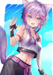 Rule 34 | 1girl, animal ears, bare shoulders, blue sky, braid, breasts, cat ears, cat girl, cat tail, cloud, cloudy sky, collarbone, commentary request, crop top, fang, hair between eyes, hair ornament, highres, long hair, looking at viewer, making-of available, medium breasts, midriff, mitake eil, navel, open mouth, original, pants, purple eyes, purple fur, purple hair, shirt, sideboob, skin fang, sky, smile, solo, tail, waving, white shirt, wrist wrap
