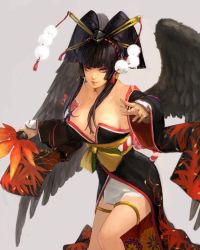 Rule 34 | 1girl, bad id, bad twitter id, bird wings, black hair, black wings, blunt bangs, breasts, cleavage, dead or alive, dead or alive 5, detached sleeves, dondon (06), feathered wings, floral print, hair ornament, hair stick, hair tubes, hand fan, hat, holding, japanese clothes, large breasts, lips, long hair, long sleeves, nyotengu, overskirt, pink eyes, pom pom (clothes), silver background, simple background, solo, take no ko (dodon), tokin hat, wings