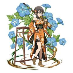 Rule 34 | 1girl, alpha transparency, asada shino, flower, full body, gun, highres, japanese clothes, kimono, official art, rifle, solo, standing, sword art online, sword art online: memory defrag, thigh strap, transparent background, weapon