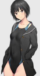 Rule 34 | 1girl, amagami, black hair, black jacket, blazer, brown eyes, closed mouth, commentary, competition swimsuit, cowboy shot, grey background, groin, hair strand, hands in pockets, highres, jacket, jacket over swimsuit, looking at viewer, nanasaki ai, one-piece swimsuit, open clothes, open jacket, school uniform, serizawa (serizawaroom), short hair, simple background, smile, solo, swimsuit, swimsuit under clothes