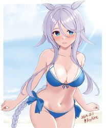 1girl ame-san beach bikini blue_bikini blue_eyes blush braid breasts cosplay cowboy_shot dated day grey_hair hair_between_eyes hair_flaps hair_tie highres kantai_collection large_breasts long_hair mole mole_under_eye navel neckerchief outdoors sand shigure_(kancolle) shigure_kai_san_(kancolle) shigure_kai_san_(kancolle)_(cosplay) single_braid solo swimsuit twitter_username umikaze_(kancolle) umikaze_kai_ni_(kancolle) very_long_hair water