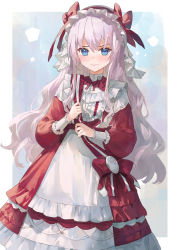 Rule 34 | 1girl, blue eyes, closed mouth, dress, flat chest, headwear request, highres, kobuta, light blush, long hair, long sleeves, looking at viewer, original, outside border, pink hair, puffy sleeves, sash, shoulder sash, solo, tagme, upper body, wavy hair