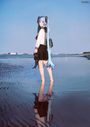 Rule 34 | 1girl, absurdres, aqua hair, bag, black bag, black footwear, black sailor collar, black skirt, blue eyes, blue sky, commentary, english commentary, film grain, hatsune miku, highres, holding, holding shoes, horizon, loafers, long hair, long sleeves, looking at viewer, lufi ays, neckerchief, otose, outdoors, photo-referenced, pleated skirt, red neckerchief, reflection, reflective water, sailor collar, school bag, school uniform, serafuku, shirt, shoes, shoulder bag, skirt, sky, solo, twintails, very long hair, vocaloid, wading, white shirt