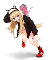 Rule 34 | 1girl, absurdres, animal ears, animalization, bare legs, black jacket, blonde hair, blue eyes, cat, commentary request, dog ears, dog tail, fangs, full body, hat, highres, hood, hood down, hoodie, jacket, kmnz, long hair, long sleeves, lunch boxer, mc lita, mc liz, nail polish, open clothes, open jacket, sweat, tail, virtual youtuber