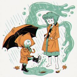 Rule 34 | 2girls, :3, :|, autumn leaves, barefoot, boots, chromatic aberration, closed mouth, commentary request, dot nose, dress, forehead jewel, hands in pockets, height difference, holding, holding umbrella, hood, hooded jacket, hydrokinesis, jacket, kicking, lapis lazuli (steven universe), leaf, limited palette, liquid wings, multiple girls, multiple monochrome, peridot (steven universe), rain, raincoat, rubber boots, short hair, smile, splashing, steven universe, tajima naoto, traditional media, umbrella, unamused, water, wings