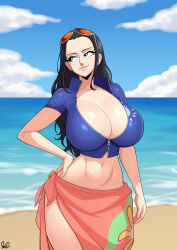 Rule 34 | 1girl, absurdres, beach, blue eyes, breasts, cleavage, cloud, curvy, female focus, hand on own hip, highres, huge breasts, lips, long hair, navel, nico robin, one piece, parvad, sarong, solo, sunglasses