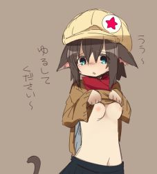 Rule 34 | 1girl, animal ears, blue eyes, breasts, brown hair, clothes lift, commentary, dorothy (pan koujou), dorothy (tadashi), dorothy (tadashi1013), hair between eyes, hat, highres, lifted by self, looking at viewer, navel, nipples, no bra, original, shirt lift, short hair, simple background, sleeves past wrists, small breasts, solo, standing, tadashi (tadashi1013), tail, translated, upper body, uu~