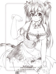 Rule 34 | 1girl, akimoto dai, animal ears, apron, bell, bow, bowtie, breasts, bridal garter, cat ears, cat tail, cleavage, dress, elbow gloves, frilled thighhighs, frills, garter belt, gloves, greyscale, hair ornament, hair ribbon, jingle bell, large breasts, maid, maid apron, maid headdress, monochrome, original, ribbon, solo, tail, thighhighs, twintails