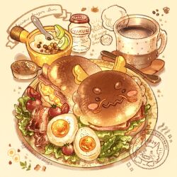Rule 34 | 2024, animal-themed food, artist name, avocado, bacon, bottle, burger, cherry tomato, chinese zodiac, coffee, commentary, cup, english commentary, english text, food, food focus, hardboiled egg, highres, lettuce, milk bottle, mug, nao (bestrollever), no humans, original, plate, shadow, simple background, sparkle, spoon, stamp mark, tea, teaspoon, tomato, white background, year of the dragon