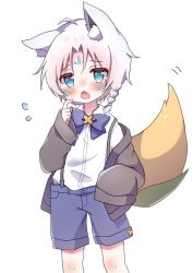 Rule 34 | 1boy, ahoge, animal ear fluff, animal ears, blouse, blue bow, blue shorts, blush, bow, braid, commentary request, flying sweatdrops, fox boy, fox ears, green eyes, grey jacket, hanasakichu, highres, hololive, jacket, looking at viewer, open clothes, open jacket, open mouth, parted bangs, personification, shirt, shorts, simple background, single braid, sleeves past wrists, sukonbu (shirakami fubuki), virtual youtuber, white background, white hair, white shirt
