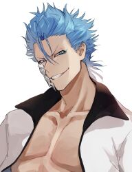 Rule 34 | 1boy, arrancar, bleach, blue hair, bone, collarbone, collared jacket, commentary request, evil grin, evil smile, eyeshadow, green eyeshadow, grimmjow jaegerjaquez, grin, half mask, jacket, looking at viewer, makeup, male focus, mask, open clothes, open jacket, pectorals, short hair, skull, smile, solo, spiked hair, tere, toned, upper body, white background, white jacket