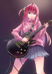 Rule 34 | 1girl, blue eyes, bocchi the rock!, breasts, commentary request, cube hair ornament, dated, ech, electric guitar, from below, gotoh hitori, grey skirt, guitar, hair between eyes, hair ornament, highres, holding, holding instrument, instrument, jacket, long hair, long sleeves, looking at viewer, looking down, medium breasts, one side up, parted lips, pink hair, pink jacket, pleated skirt, plectrum, skirt, solo, standing, sweat, track jacket, very long hair