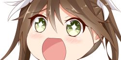 Rule 34 | + +, 10s, 1girl, brown hair, close-up, green eyes, hair between eyes, hair ribbon, kantai collection, long hair, looking at viewer, nahaki, no nose, open mouth, portrait, ribbon, simple background, sin-poi, solo, sparkling eyes, symbol-shaped pupils, tone (kancolle), twintails, white background, white ribbon