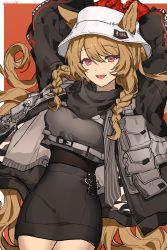 1girl absurdres animal_ears arknights arms_up belt belt_buckle black_jacket black_skirt border braid breasts brown_hair buckle ceobe_(arknights) ceobe_(unfettered)_(arknights) chain commentary_request cowboy_shot crop_top dog_ears dog_girl ears_through_headwear fang female_focus gloves hair_between_eyes high-waist_skirt highres jacket long_hair looking_at_viewer miniskirt open_mouth orange_background oversized_clothes pocket red_eyes red_gloves scarf signature simple_background skin_fang skirt smile solo twice12314 twin_braids very_long_hair white_background white_headwear