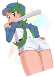 Rule 34 | 1girl, ass, baseball bat, baseball cap, baseball uniform, belt, blue hat, creatures (company), cropped legs, dark-skinned female, dark skin, female focus, from behind, from below, game freak, green hair, hand on own hip, hand up, hat, highres, holding, layered sleeves, long hair, long sleeves, looking at viewer, looking back, mallow (pokemon), matching hair/eyes, nintendo, nyonn24, outline, pantylines, pokemon, pokemon (anime), pokemon sm (anime), rainbow, shiny skin, shirt, short over long sleeves, short shorts, short sleeves, shorts, smile, solo, sportswear, standing, thighs, twintails, white background, white shorts