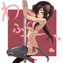 Rule 34 | 1girl, animal ears, bikini, brown hair, dog ears, federica n. doglio, fishnet thighhighs, fishnets, green eyes, katuhata, long hair, pole, pole dancing, solo, strike witches, stripper pole, swimsuit, tail, thighhighs, world witches series