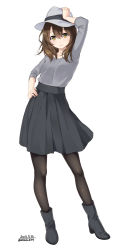 Rule 34 | 10s, 1girl, 2016, black footwear, black pantyhose, boots, breasts, brown hair, closed mouth, commentary request, dated, eyebrows, fedora, grey hat, grey shirt, grey skirt, hair between eyes, hair over shoulder, hand on headwear, hand on own hip, hat, highres, long hair, looking at viewer, medium breasts, original, pantyhose, pleated skirt, shirt, skirt, smile, solo, twitter username, unasaka ryou, white background, yellow eyes