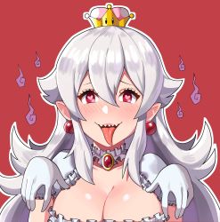 Rule 34 | 1girl, absurdres, blush, breasts, choker, cleavage, collarbone, crown, earrings, eyelashes, frilled choker, frilled gloves, frills, furrowed brow, gem, ghost, gloves, hair between eyes, hands up, heart, heart-shaped pupils, highres, hitodama, jewelry, large breasts, lips, long hair, looking at viewer, luigi&#039;s mansion, mario (series), new super mario bros. u deluxe, nintendo, no nose, open mouth, outline, pointy ears, princess king boo, red background, red eyes, sarukaiwolf, sharp teeth, short sleeves, simple background, solo, super crown, symbol-shaped pupils, teeth, tongue, tongue out, upper body, upper teeth only, white gloves, white hair, white outline