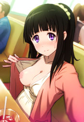 Rule 34 | 1girl, black hair, blunt bangs, blush, booth seating, breasts, breasts out, chitanda eru, clothes pull, cup, dress pull, drink, drinking glass, exhibitionism, flashing, hair ornament, hair scrunchie, hyouka, indoors, jacket, long hair, looking at viewer, medium breasts, nipples, no bra, nose blush, one breast out, open clothes, open jacket, oppai challenge, poruserin, public indecency, purple eyes, scrunchie, selfie, sitting, solo focus, sweatdrop
