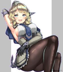 Rule 34 | 1girl, :d, anchor, arm behind head, arm up, armpits, ass, black gloves, blonde hair, blue eyes, blue necktie, blush, braid, breasts, brown pantyhose, capelet, colorado (kancolle), commentary request, dress, elbow gloves, garrison cap, gloves, grey dress, grey hat, hat, headgear, highres, kantai collection, large breasts, looking at viewer, necktie, open mouth, pantyhose, shirt, short hair, side braids, sideboob, simple background, sitting, sleeveless, smile, solo, tsurukawasha, white shirt