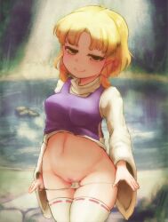 Rule 34 | 1girl, blonde hair, blush, breasts, censored, cleft of venus, closed mouth, clothes lift, commentary request, cowboy shot, hair ribbon, highres, kaabon meshi, long sleeves, looking at viewer, medium bangs, medium breasts, moriya suwako, mosaic censoring, navel, no headwear, no pants, panties, panty pull, parted bangs, pulled by self, purple vest, pussy, red ribbon, ribbon, ribbon-trimmed thighhighs, ribbon trim, shirt, shirt lift, short hair, smile, solo, thighhighs, touhou, turtleneck, underwear, vest, white panties, white shirt, white thighhighs, wide sleeves, yellow eyes