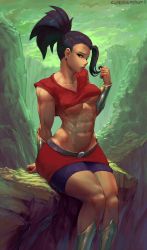 Rule 34 | 1girl, abs, artist name, ass, bike shorts, black eyes, bracer, breasts, collarbone, commission, curvy, cutesexyrobutts, dragon ball, earrings, highres, hip focus, huge ass, jewelry, kale (dragon ball), legs, long hair, looking at viewer, medium breasts, muscular, muscular female, navel, parted lips, ponytail, purple hair, signature, sitting, solo, stomach, thick thighs, thighs, toned, underboob, wide hips