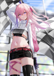 Rule 34 | 1girl, absurdres, arm up, asymmetrical legwear, bandeau, black bandeau, black gloves, black skirt, black thighhighs, blush, breasts, checkered flag, closed mouth, commentary request, commission, cropped jacket, flag, girls&#039; frontline, gloves, gradient hair, hair between eyes, hair ornament, highleg, highleg panties, highres, holding, holding pole, jacket, long hair, looking at viewer, marumai, medium breasts, midriff, multicolored hair, navel, one side up, panties, pencil skirt, pink hair, pole, purple eyes, purple hair, race queen, sidelocks, skeb commission, skindentation, skirt, solo, st ar-15 (girls&#039; frontline), standing, thigh strap, thighhighs, underboob, underwear, white jacket