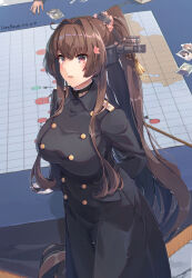 Rule 34 | 2girls, alternate costume, artist name, black coat, blush, breasts, brown eyes, brown hair, buttons, coat, dated, double-breasted, epaulettes, flower, hair flower, hair ornament, headgear, highres, himeyamato, kantai collection, large breasts, long hair, long sleeves, military, military uniform, multiple girls, musashi (kancolle), musashi kai ni (kancolle), open mouth, photo (object), pink flower, ponytail, sidelocks, signature, solo focus, table, uniform, very long hair, yamato (kancolle)