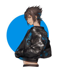 Rule 34 | 10s, 111111111 (leiyao), 1boy, black hair, blue background, blue eyes, final fantasy, final fantasy xv, from behind, hands in pockets, jacket, leather, leather jacket, male focus, midriff, noctis lucis caelum, solo