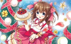 Rule 34 | artist request, bell, berry&#039;s, blue eyes, blush, brown hair, cake, christmas, christmas cake, christmas ornaments, dress, food, fruit, highres, houkou yuuka, looking at viewer, open hand, open mouth, red footwear, ribbon hair, smile, solo, star ornament, strawberry, white legwear