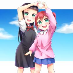 Rule 34 | 2girls, :d, aged down, arm up, b.ren, black dress, blue skirt, blunt bangs, blush, bow, brown hair, child, cloud, collared shirt, day, dress, green eyes, hair between eyes, head tilt, heart, heart hands, heart hands duo, kurosawa dia, kurosawa ruby, long hair, long sleeves, looking at viewer, love live!, love live! sunshine!!, miniskirt, mole, mole under mouth, multiple girls, open mouth, pink shirt, pleated skirt, red bow, red hair, school uniform, shirt, short sleeves, siblings, sisters, skirt, sky, smile, standing, two side up, white shirt, wing collar