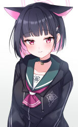 Rule 34 | 1girl, animal ears, black hair, blue archive, blunt bangs, blunt ends, blush, cat ears, cat girl, choker, colored inner hair, commentary request, frown, hair ornament, hairclip, halo, highres, hood, hoodie, kawagami raito, kazusa (blue archive), multicolored hair, neckerchief, partial commentary, pendant choker, pink eyes, pink hair, school uniform, serafuku, short hair, solo, sweat, two-tone hair