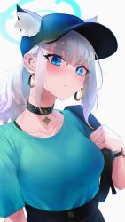 Rule 34 | 1girl, :/, absurdres, animal ear fluff, animal ears, backlighting, baseball cap, black choker, black hat, blue archive, blue eyes, blue shirt, blush, bra strap, breasts, bright pupils, cat ears, choker, closed mouth, collarbone, commentary, earrings, ears through headwear, grey background, grey hair, hat, highres, hoop earrings, jewelry, kazane-wind, long hair, medium breasts, mismatched pupils, ponytail, shiroko (blue archive), shirt, shirt tucked in, sidelocks, simple background, slit pupils, solo, sweat, upper body, watch, white pupils