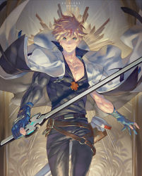 Rule 34 | 1boy, belt, black pants, black shirt, blonde hair, blue eyes, blue gloves, brown belt, closed mouth, coat, copyright name, dated, gloves, guilty gear, guilty gear strive, highres, holding, holding sword, holding weapon, ky kiske, long coat, male focus, open clothes, open coat, pants, partially fingerless gloves, sheath, shirt, short hair, smile, solo, sword, talgi, weapon, white coat