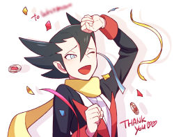 Rule 34 | 1boy, arm up, black hair, clenched hands, coin, commentary request, confetti, creatures (company), game freak, grimsley (pokemon), hair between eyes, hand up, heart, highres, jacket, light blush, long sleeves, male focus, momoji (lobolobo2010), nintendo, one eye closed, open mouth, pokemon, pokemon bw, ribbon, scarf, shirt, solo, thank you, tongue, white shirt, yellow scarf