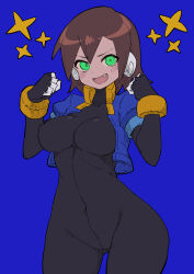 Rule 34 | absurdres, aile (mega man zx), arms up, bodysuit, bodysuit under clothes, breasts, buzzlyears, curvy, fang, green eyes, highres, large breasts, mega man (series), mega man zx, open mouth, short hair, smile, tight clothes