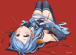 Rule 34 | 1girl, black gloves, black thighhighs, blue eyes, blue hair, blush, elbow gloves, food, gloves, kantai collection, long hair, mouth hold, pocky, red background, samidare (kancolle), school uniform, serafuku, simple background, solo, sugue tettou, thighhighs