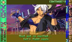 Rule 34 | absurdres, angel (kof), bra, breasts, cropped jacket, dialogue box, fake screenshot, fanning self, fighting game, fingerless gloves, gloves, hair over one eye, highres, jacket, large breasts, leather, leather jacket, nakamanga, one eye closed, pixel art, pixelated, snk, strapless, strapless bra, street fighter, street fighter alpha 3, the king of fighters, toned, underwear, user interface, victory pose, white hair