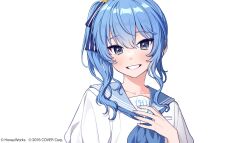 Rule 34 | 14 (vision5032), 1girl, aqua sailor collar, blue eyes, blue hair, blue neckerchief, blue ribbon, blush, collarbone, commentary request, copyright notice, grin, hair between eyes, hair ribbon, hand on own chest, happy tears, highres, hololive, honeyworks, hoshimachi suisei, looking at viewer, medium hair, neckerchief, official alternate costume, official art, pink nails, puffy sleeves, ribbon, sailor collar, school uniform, serafuku, shirt, side ponytail, sidelocks, simple background, smile, solo, star (symbol), star in eye, straight-on, symbol in eye, tears, upper body, virtual youtuber, white background, white serafuku, white shirt