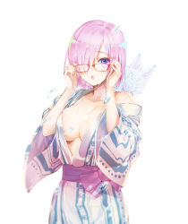 Rule 34 | 1girl, alternate costume, breasts, cleavage, collarbone, hair over one eye, highres, japanese clothes, kimono, large breasts, mash kyrielight, nemusuke, off shoulder, open clothes, open kimono, open mouth, pink hair, purple eyes, red-framed eyewear, short hair, simple background, solo, standing, striped clothes, striped kimono, white background, white kimono