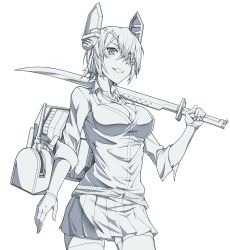 Rule 34 | 1girl, breasts, eyepatch, fingerless gloves, gloves, greyscale, grin, hair between eyes, headgear, highres, kantai collection, kukurus, looking at viewer, medium breasts, monochrome, necktie, over shoulder, pleated skirt, rigging, short hair, simple background, skirt, smile, solo, sword, tenryuu (kancolle), thighhighs, weapon, weapon over shoulder