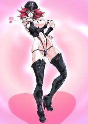 Rule 34 | 1girl, bdsm, blowing kiss, blue eyes, bondage, bondage outfit, boots, bound, breasts, final fight, looking at viewer, military, military uniform, one eye closed, open mouth, poison (final fight), red hair, short hair, smile, solo, standing, street fighter, thigh boots, uniform, yuri ai