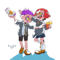 Rule 34 | 1boy, 1girl, bow, chicken nuggets, food, french fries, full body, highres, inkling, inkling boy, inkling girl, inkling player character, licking lips, mcdonald&#039;s, necktie, nintendo, pink hair, purple hair, reaching, school uniform, short hair, splatoon (series), splatoon 2, standing, tongue, tongue out, yellow eyes