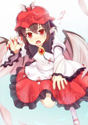 Rule 34 | 1girl, animal ears, bird wings, brown hair, color switch, cosplay, costume combination, dress, feathers, fingernails, frilled dress, frilled sleeves, frills, fusion, gradient background, hat, imaizumi kagerou, imaizumi kagerou (cosplay), long fingernails, md5 mismatch, mystia lorelei, mystia lorelei (cosplay), nail polish, niiya, red eyes, red nails, sharp fingernails, short hair, solo, touhou, wide sleeves, wings