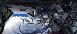Rule 34 | 1girl, absurdres, aircraft, airplane, animal ear fluff, animal ears, arknights, belt, belt pouch, black gloves, black hair, blaze (arknights), blue eyes, bracelet, breasts, cable, cat ears, cat girl, cat tail, closed mouth, cloud, collarbone, day, earpiece, extra ears, gloves, goggles, highres, infection monitor (arknights), jacket, jewelry, large breasts, long hair, long sleeves, looking at viewer, open clothes, open jacket, partially fingerless gloves, pouch, shirt, smile, solo, tail, tank top, upper body, v, very long hair, white jacket, white shirt, z 05