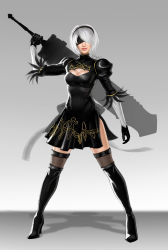 Rule 34 | 1girl, absurdres, artist name, black dress, black footwear, black hairband, black thighhighs, blindfold, boots, breasts, cleavage cutout, clothing cutout, covered eyes, dated, dress, facing viewer, feather-trimmed sleeves, full body, grey background, hairband, highres, holding, holding sword, holding weapon, juliet sleeves, knee boots, kylekayhos, legs apart, lips, long sleeves, medium breasts, mole, mole under mouth, nier (series), nier:automata, nose, pink lips, puffy sleeves, short hair, signature, silver hair, simple background, smirk, solo, standing, sword, thighhighs, thighhighs under boots, vambraces, weapon, weapon on back, 2b (nier:automata)